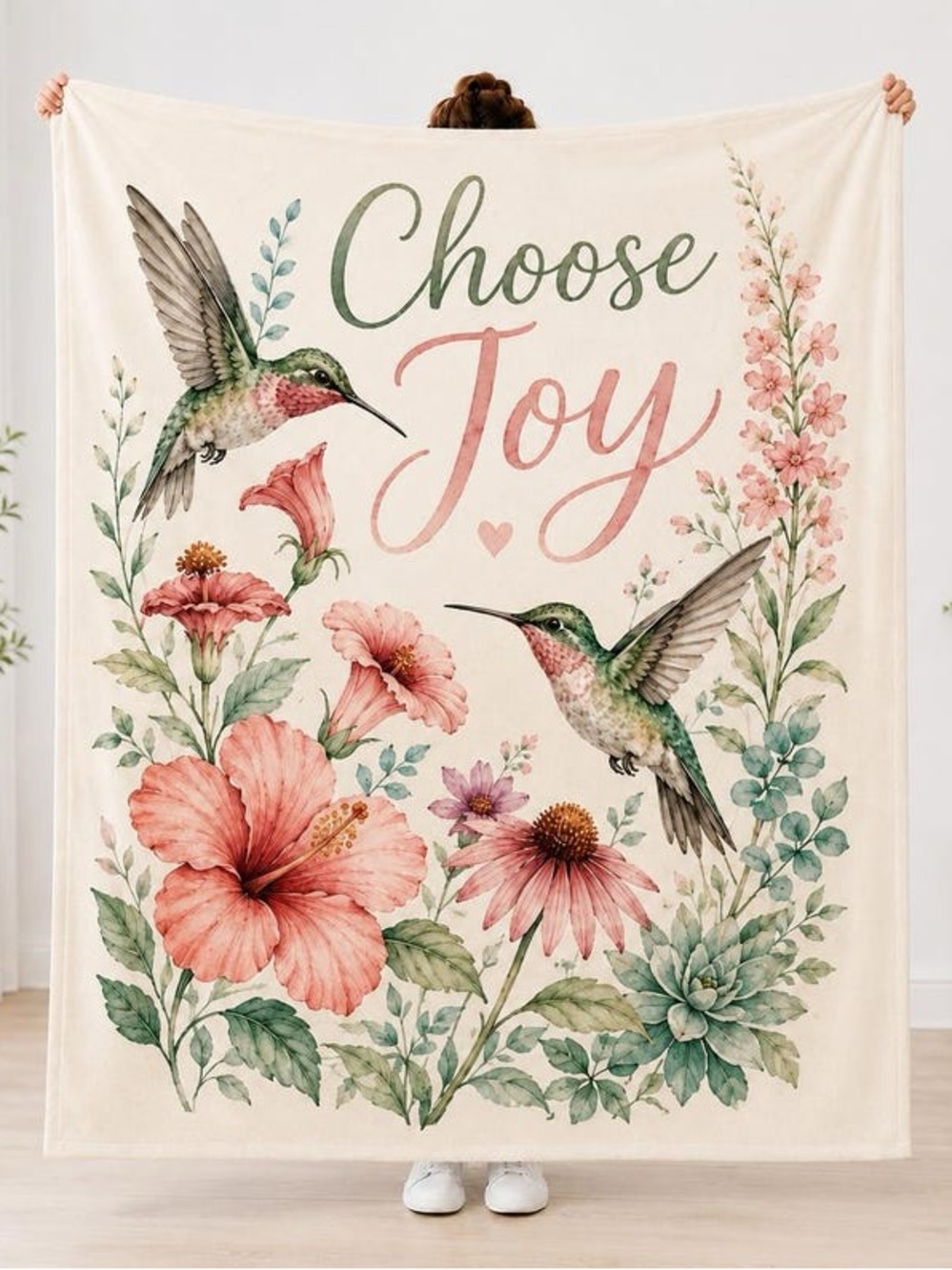 Choose Joy Floral Hummingbird Wall Tapestry - Pink & Green